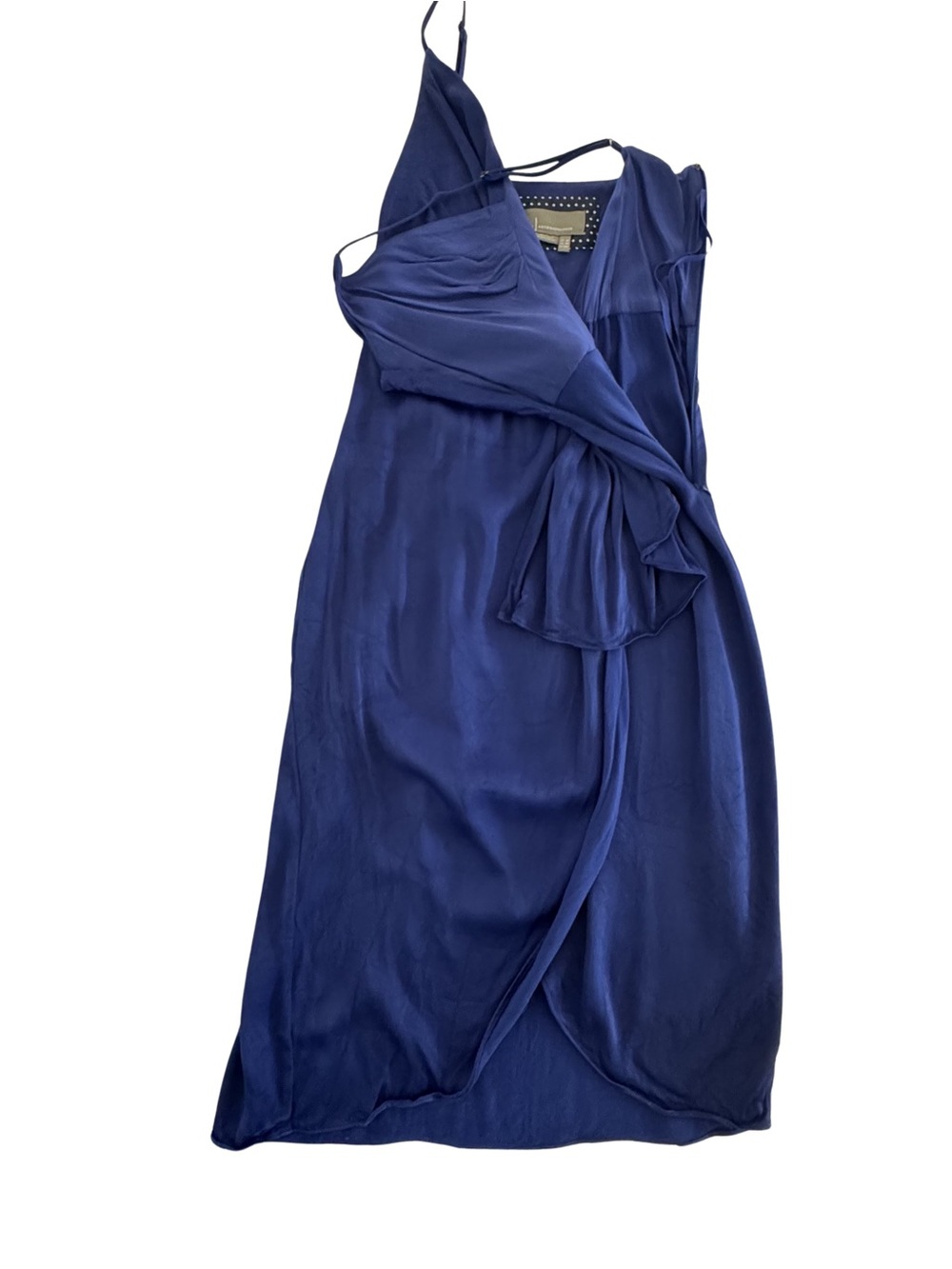 By Anthropologie Blue Satin Draped Wrap Midi Cocktail Dress 0P Petite Wedding - Picture 6 of 12
